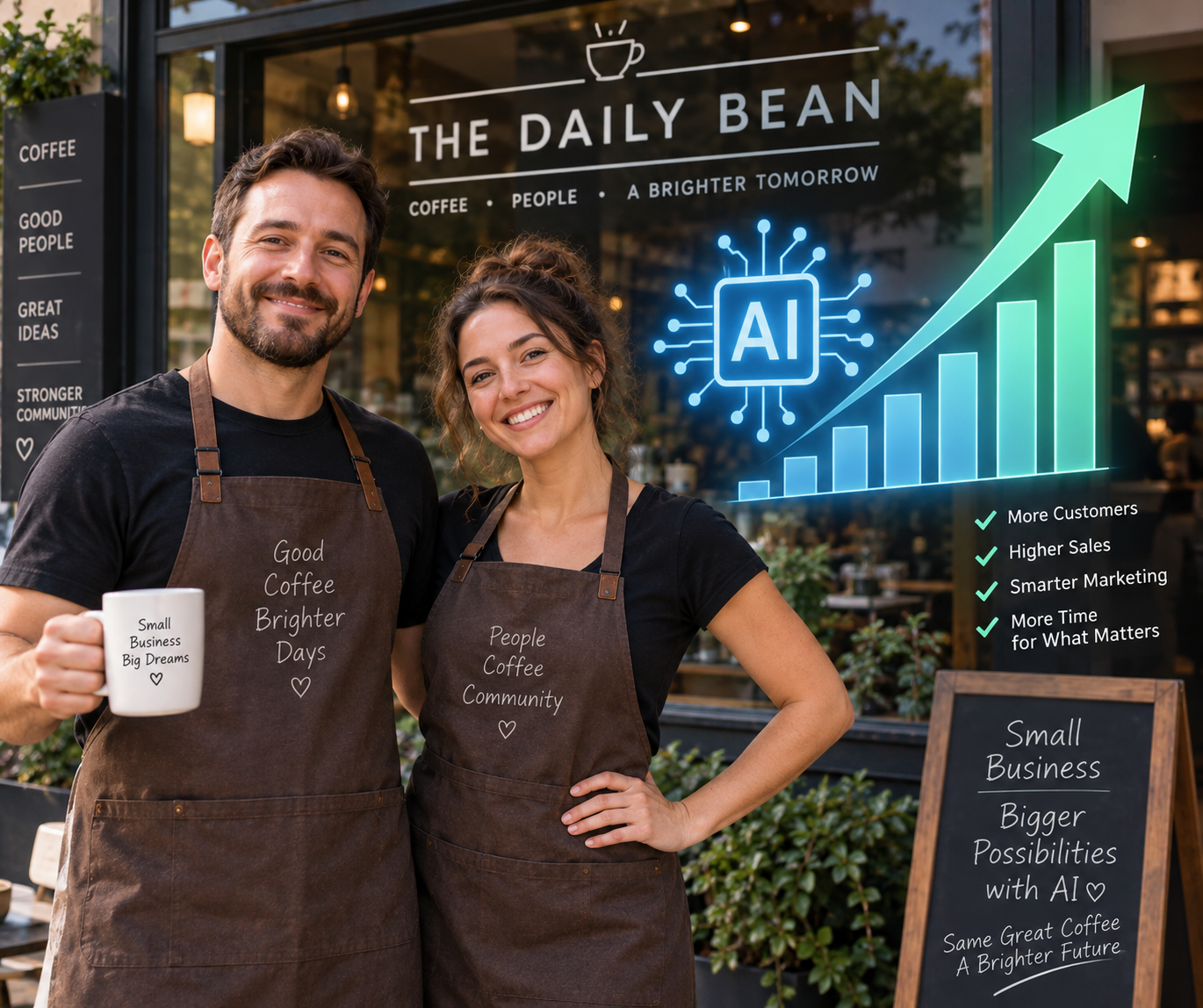 Coffee shop owners standing beside an AI symbol and a rising sales chart showing how artificial intelligence can help a small business grow