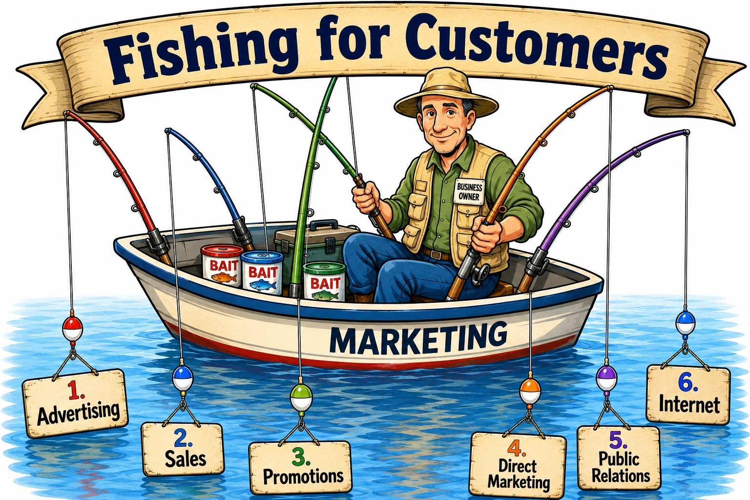Fishing for Customers illustration showing marketing as a boat using advertising, sales, promotions, direct marketing, public relations and internet channels as fishing poles.